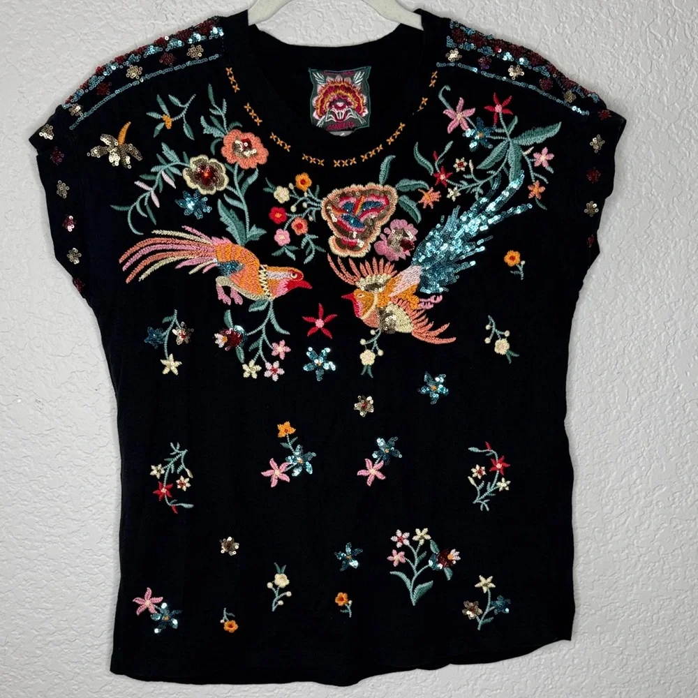Johnny Was Soha Relaxed Sequin Tee XS Black Embroidered - Picture 2 of 8